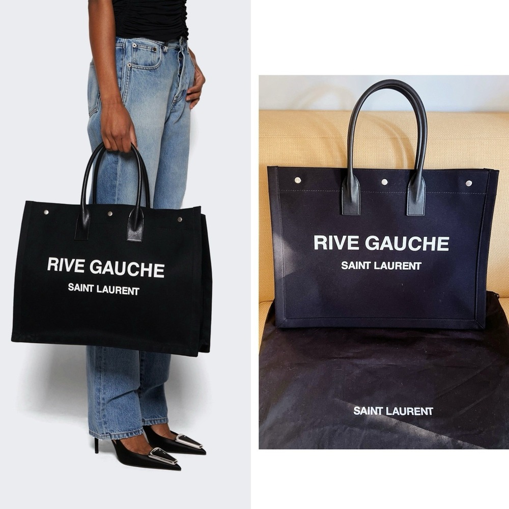 YSL Saint Laurent Rive Gauche Canvas Black Leather Tote Large NEW Authentic - Picture 1 of 10